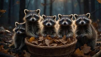 Five raccoons gather around a basket filled with autumn leaves in a forest setting. photo