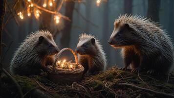 Three hedgehogs gathered around a basket of glowing lights in a misty forest setting. photo