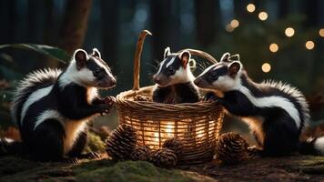 Three skunks gathered around a basket in a forest, illuminated by soft light. photo