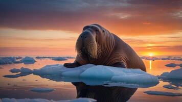 A walrus resting on an ice floe at sunset, showcasing the beauty of Arctic wildlife. photo