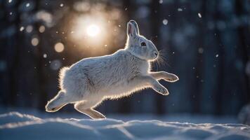 A rabbit leaps through snow with sunlight glowing in the background, capturing a serene moment. photo