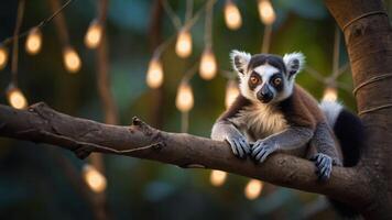 A lemur resting on a branch surrounded by warm fairy lights in a serene setting. photo