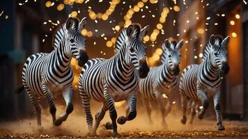A dynamic scene of zebras running through a beautifully lit environment. photo