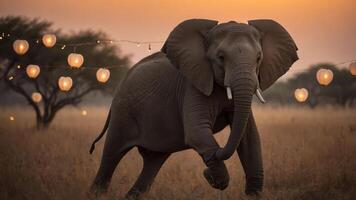A playful elephant runs through a serene landscape adorned with glowing lanterns at sunset. photo