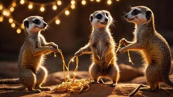Three meerkats play with golden string under warm lights, creating a whimsical scene. photo