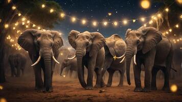 Elephants gathered under string lights in a serene night setting. photo