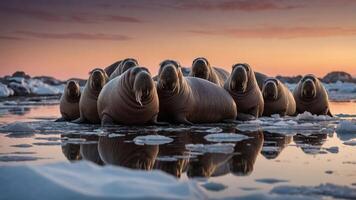 A group of walruses resting on ice in a serene, reflective setting during sunset. photo
