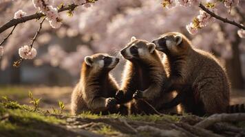Three raccoons play under cherry blossom trees, showcasing nature's beauty and wildlife interaction. photo