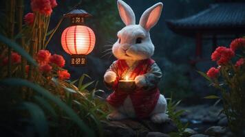 A whimsical rabbit in a traditional outfit holds a lantern in a serene, illuminated garden. photo