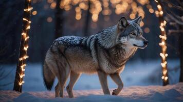 A wolf stands elegantly in a snowy landscape adorned with twinkling lights. photo