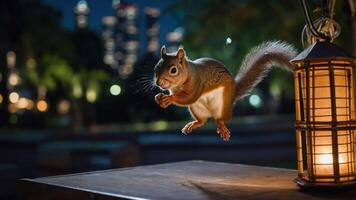 A squirrel leaps near a lantern in a nighttime park setting with city lights in the background. photo
