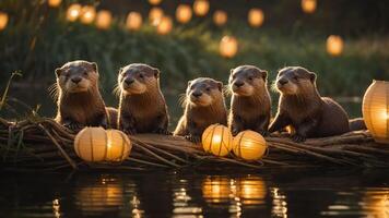 A group of otters sitting on a raft decorated with lanterns by a serene waterway. photo