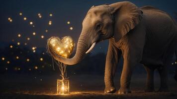 An elephant holds a glowing heart-shaped decoration, symbolizing love and connection. photo