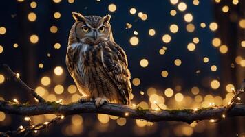 A majestic owl perched on a branch, surrounded by soft, glowing lights in a serene setting. photo