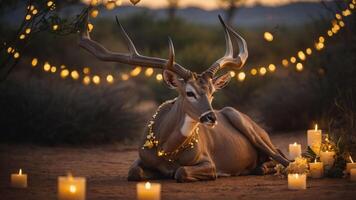 A serene scene featuring a deer adorned with decorations, surrounded by candles and lights. photo