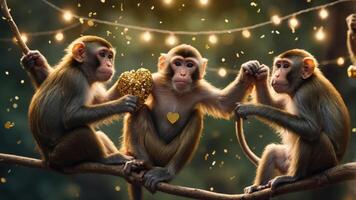 Three playful monkeys sharing a golden heart on a branch, surrounded by lights and sparkles. photo