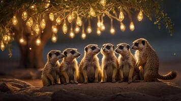 A group of meerkats gathered under a tree adorned with glowing lights at dusk. photo