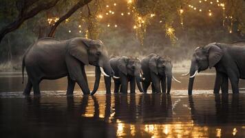 A serene scene of elephants wading through water, illuminated by soft lights in the background. photo