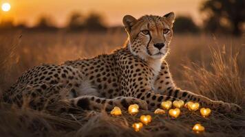 A cheetah rests in a golden landscape, surrounded by glowing heart-shaped lights at sunset. photo