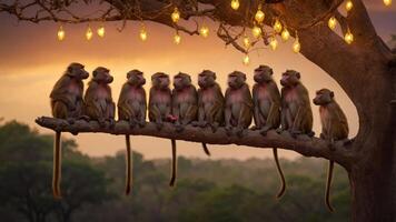 A group of baboons perched on a tree branch adorned with glowing lights at sunset. photo
