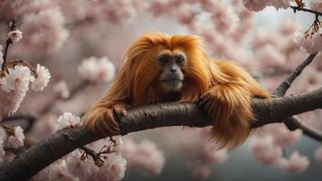 A golden monkey rests on a tree branch amidst blooming cherry blossoms. photo