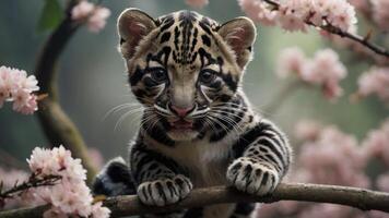 A playful clouded leopard cub perched on a branch amidst blooming cherry blossoms. photo