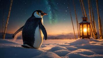 A penguin stands in a snowy landscape, illuminated by a lantern under a starry sky. photo