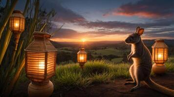A kangaroo stands beside glowing lanterns at sunset, creating a serene atmosphere. photo