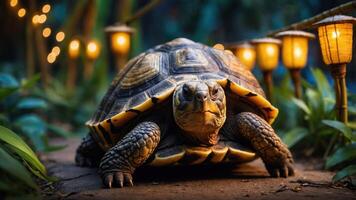 A close-up of a turtle in a serene garden setting with glowing lanterns. photo