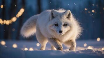 A white fox walking through snow with warm lights in the background. photo