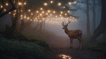 A serene forest scene featuring a deer under string lights in a misty atmosphere. photo