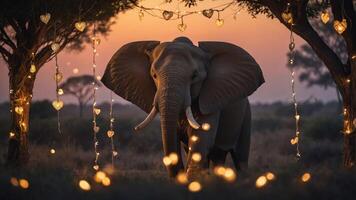 An elephant stands beneath trees adorned with heart-shaped lights at sunset. photo