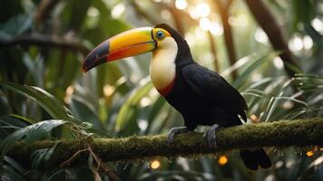 A vibrant toucan perched on a mossy branch amidst lush greenery. photo