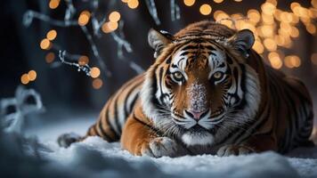 A majestic tiger resting in the snow, surrounded by soft, glowing lights. photo