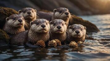 A group of otters holding pine cones in a serene water setting during sunset. photo