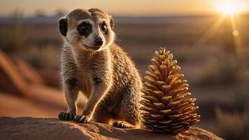A meerkat stands beside a pinecone at sunset in a desert landscape. photo