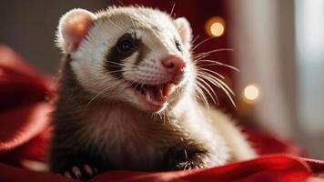 A close-up of a playful ferret with a lively expression on a soft surface. photo