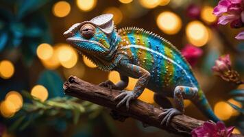 A colorful chameleon perched on a branch, surrounded by soft bokeh lights and flowers. photo