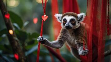 A playful lemur interacts with red ribbons and heart decorations in a vibrant setting. photo