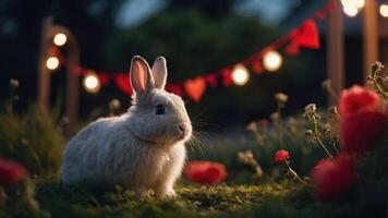 A serene rabbit in a garden adorned with lights and hearts, creating a whimsical atmosphere. photo