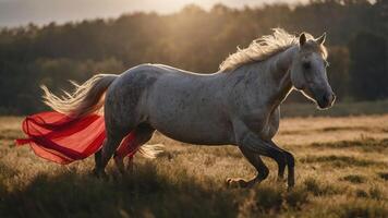 A majestic white horse gallops through a field, adorned with a flowing red fabric at sunset. photo