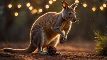 A kangaroo holding a pine cone in a softly lit natural setting. photo