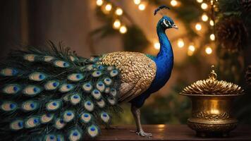 A vibrant peacock stands beside an ornate container, illuminated by soft lights. photo