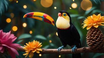A vibrant toucan perched on a branch amidst colorful flowers and soft lighting. photo