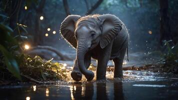 A young elephant wades through a serene, misty forest stream, surrounded by soft light. photo