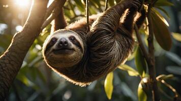 A sloth hanging from a tree, basking in sunlight amidst lush green foliage. photo