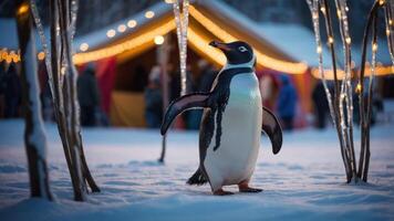 A penguin stands in the snow near a festive tent adorned with lights and people. photo