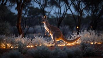 A kangaroo stands illuminated at dusk amidst desert vegetation. photo