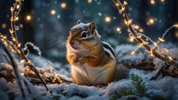 A chipmunk sits in a snowy forest surrounded by glowing lights, creating a magical winter scene. photo