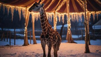 A giraffe stands under a festive tent adorned with lights and icicles in a snowy setting. photo